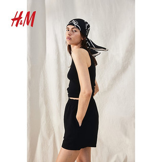 H&M女装裤子2024夏季宽松版型亚麻混纺直筒松紧短裤1222706 黑色 165/80 M