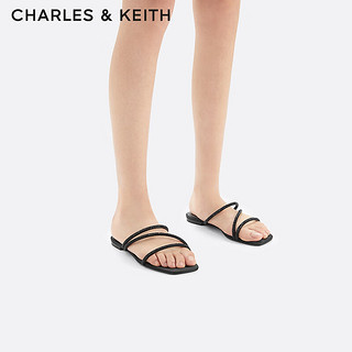 CHARLES&KEITH24春季方头亮钻细带外穿平底拖鞋CK1-70381036 BLACK TEXTURED黑色纹理 40