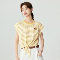 INMAN 茵曼 全棉舒适时尚绑结无袖T恤女2024夏季撞色条纹小众百搭上衣