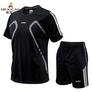 Mexican 稻草人 运动套装男2023年夏季新款短袖短裤透气耐磨跑步健身运动服F 黑色 XL
