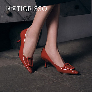 tigrisso 蹀愫 春夏新款方扣中跟漆皮尖头小猫跟高跟鞋单鞋女鞋TA43587-11