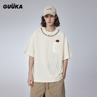 古由卡(GUUKA)xAGAHO联名纯棉休闲短袖T恤男夏潮 个性绣花创意上衣百搭宽松 奶油白 S