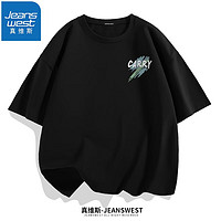 JEANSWEST 真维斯 短袖T恤男2023夏新款纯棉半袖设计感印花简约体恤衫百搭大码汗衫 黑色（蓝绿涂鸦X） XL(推荐体重130斤-150斤左右)