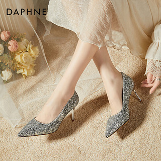 DAPHNE 达芙妮 细跟高跟鞋单鞋女时尚百搭婚纱新娘鞋婚鞋女3123404031 银色 37