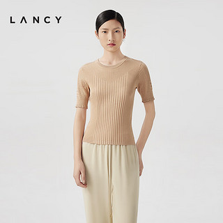 朗姿/LANCY2024夏季薄款不规则坑条短袖针织衫修身显瘦上衣女 浅米色 M