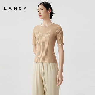 朗姿/LANCY2024夏季薄款不规则坑条短袖针织衫修身显瘦上衣女 浅米色 M