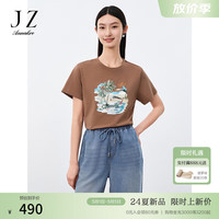玖姿·安娜蔻美式波普风海滩趣味印花钉珠纯棉T恤女2024夏季 布朗棕 S