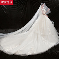 红妆饰佳 一字肩婚纱礼服2024仪式纱 新娘小个子出门纱拖尾主婚纱 6149浅香槟拖地款 XL码