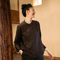 知筆墨夏款桑蚕丝提花缎香云纱衬衫新中国风复古真丝上衣女 棕红色(偏黑) M