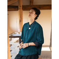 知筆墨新中式香云纱立领盘扣上衣女 知笔墨春季兰绿拼接中式衬衫 兰绿 均 码