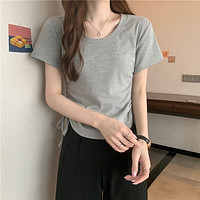H 抽绳短袖T恤女2024年新款夏季韩版设计感修身休闲短款学生上衣潮 灰色 XXL