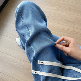贝娜妮特大码女裤胖MM天丝牛仔裤夏装加肥加大胖人松紧高腰休闲阔腿长裤 蓝色 5XL180-200斤