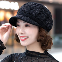 惜她适合短发戴的帽子女士春秋八角帽女帽短檐亮丝洋气南瓜帽时尚50岁 黑色(不带假发) 可调节