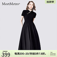 MeetMetro 玛依尔2024夏新中式国风连衣裙女小黑裙拼接旗袍裙 黑色 S