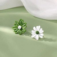 Trendolla s925银韩版不对称雏菊耳钉新款高级感清新森系花朵耳环 绿白