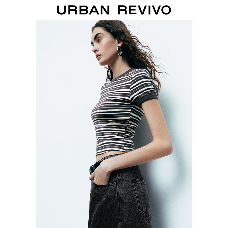 URBAN REVIVO 女士潮流休闲撞色条纹短款修身T恤衫 UWV440113 黑灰色条纹 M