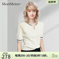 MeetMetro 玛依尔针织短袖T恤女2024春夏撞色修身休闲减龄上衣 米白 L 米白