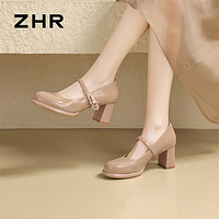 ZHR 单鞋女复古法式星星玛丽珍鞋女气质粗跟浅口女鞋 EH55 杏色 39