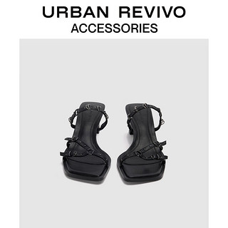 URBAN REVIVO2024夏季女士潮流铆钉中跟拖鞋UAWS40089 黑色 35