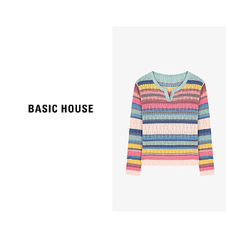 Basic House/百家好条纹撞色上衣女春夏款长袖针织衫-B0624B5G122 蓝色 S85-115斤（卡码拍大）
