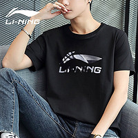 LI-NING 李宁 短袖t恤男宽松休闲潮流简约打底衫男上衣圆领舒适透气印花男装 新基础黑 XL(180/96A)