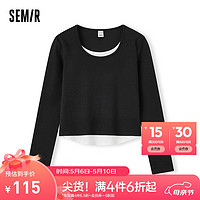 Semir 森马 长袖T恤女短款假两件撞色2024春季紧身针织衫 白黑色调00319 155/80A/S