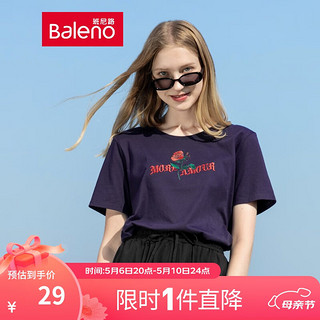 Baleno 班尼路 t恤女时尚印花刺绣短袖舒适棉质圆领运动上衣 68P-黑加仑 S