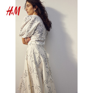 H&M 2024春季女装衬衫时尚休闲百搭亚麻混纺上衣1224721 白色/图案 165/96 M