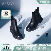 百思图冬季时尚粗跟加绒烟筒靴切尔西靴女短靴CD755DD2 黑色 35