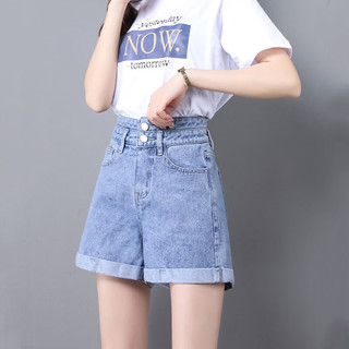 红蜻蜓 RED DRAGONFLY 高腰牛仔短裤女夏季显瘦小个子a字女士阔腿热裤女装短裤子 浅蓝色 28