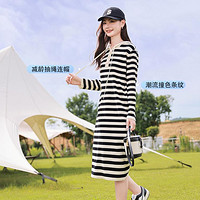 香影 X.YING【时尚秋装】条纹针织连衣裙女长袖显瘦休闲宽松连帽直筒裙子