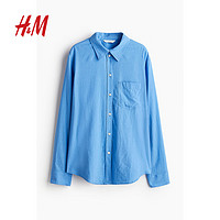 H&M 女装2024春季休闲翻折领亚麻混纺衬衫1213682 蓝色 160/88A