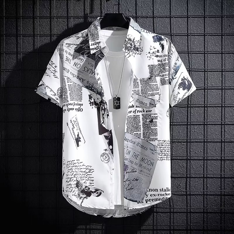 玖臧夏季短袖衬衫男薄款涂鸦印花港风潮流上衣服沙滩碎花宽松半袖衬衣 白色 L