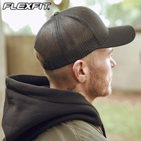 FLEXFIT男士网眼棒球帽春夏季防晒遮阳帽子可调节卡车司机鸭舌帽均码 黑色-可调节(56-61cm)