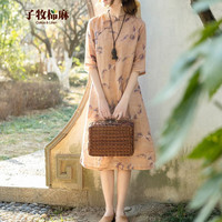 子牧棉麻 女中式改良旗袍复古立领斜襟百搭连衣裙0732 花色 XXL(130-140斤)
