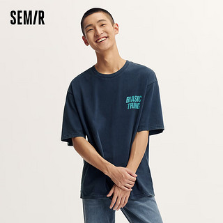 森马（Semir）短袖T恤男2024夏季复古做旧上衣潮流撞色印花 蓝色调00388 160/80A/XS