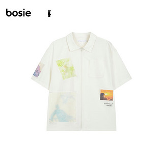 bosie2024年夏季印花短袖衬衫男宽松外套潮男女同款 本白色 160/80A