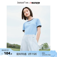茵曼(INMAN)撞色罗纹棉U领短袖T恤2024夏女装修身气质休闲通勤短款上衣 米雷联名海蓝色-18424598 M
