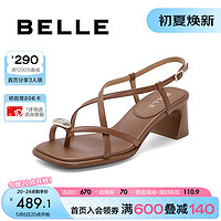 BeLLE 百丽 纤细交叉带一字带凉鞋女24夏季新商场同款真皮粗跟凉鞋3CP30BL4 棕色 37