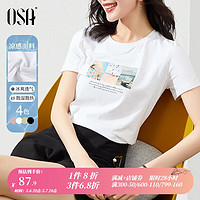 OSA 欧莎 T恤女士夏季新款衣服短袖印花上衣体恤修身潮清爽冰瓷棉感 白色 XL
