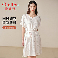 Ordifen 欧迪芬 家居服女士冰雪丝睡裙国风印花V领短袖裙子 XH4203