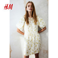 H&M2024春季女装时尚休闲百搭亚麻混纺泡泡袖连衣裙1223321 奶油色/花卉 165/96 M