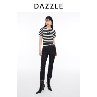 DAZZLE地素 毛针织衫2024夏季女装黑白撞色小鸟条纹短袖上衣 黑色 S