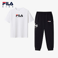 FILA 斐乐童装儿童套装2024夏季男童舒适透气运动短袖T恤裤子 标准白-FWT 140cm