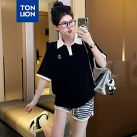 唐狮 TONLION短袖polo女领口袖子撞色WP 黑色 L