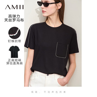 AMII2024夏极简直筒圆领套头短袖钉珠织带弹力T恤女款 黑色 165/88A/L