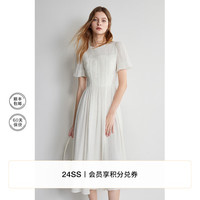 欧时力 法式桔梗裙2024春夏圆领气质复古缩褶连衣裙 白色 XS