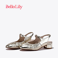Bella Lily2024春季羊皮银色玛丽珍鞋女粗跟单鞋温柔休闲潮鞋 金色 36