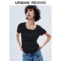 URBAN REVIVO 女士减龄感木耳边T恤衫 UWV440133 正黑 M