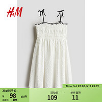 H&M童装女童裙子2024夏季简约风纯色上身缩褶连衣裙1216482 白色 120/64
